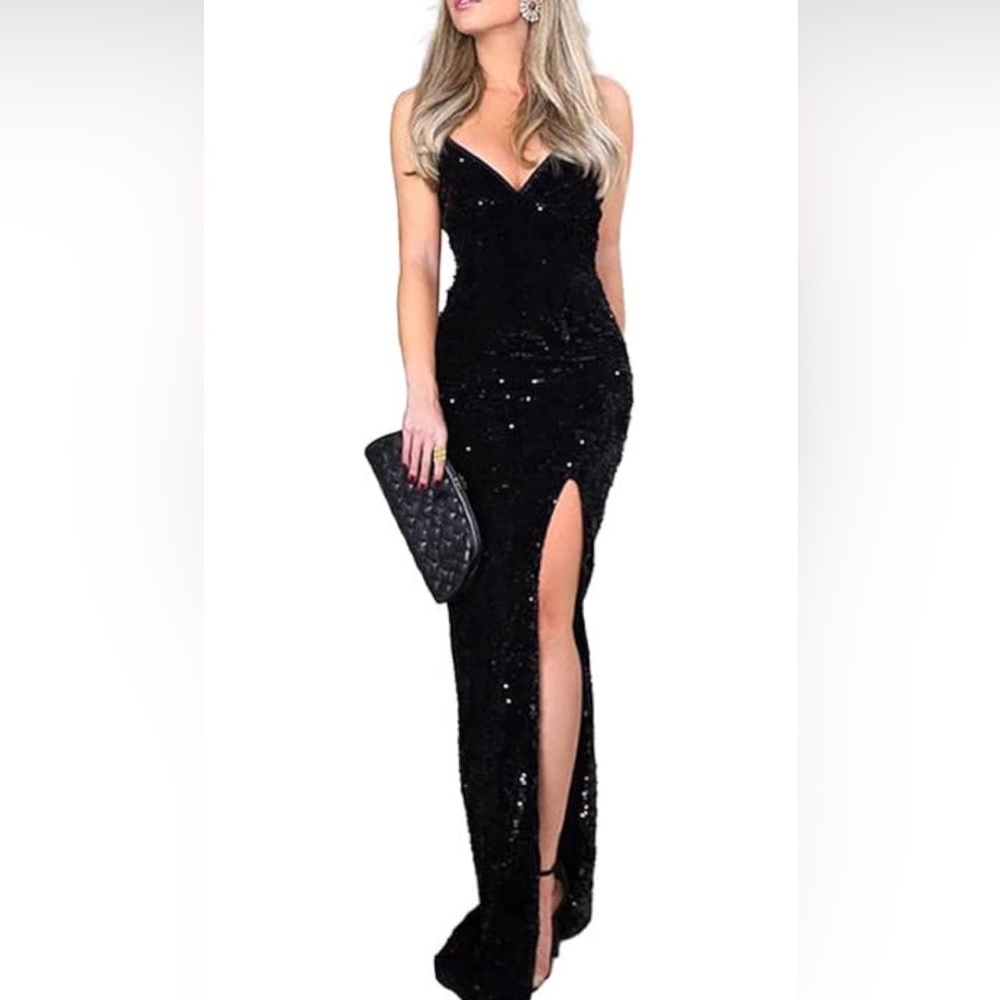 NWOT  Sequin Prom Strap Sleeveless Split Front Evening Cocktail/Club Dress